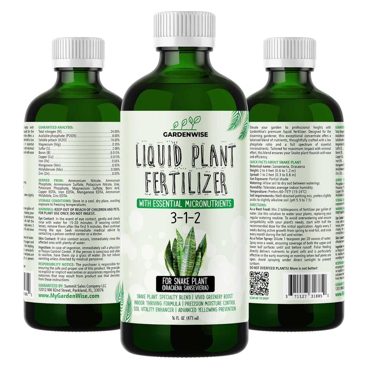 3-1-2 Liquid Fertilizer Concentrate with Micronutrients - Ideal Snake Plant Food for Sansevieria