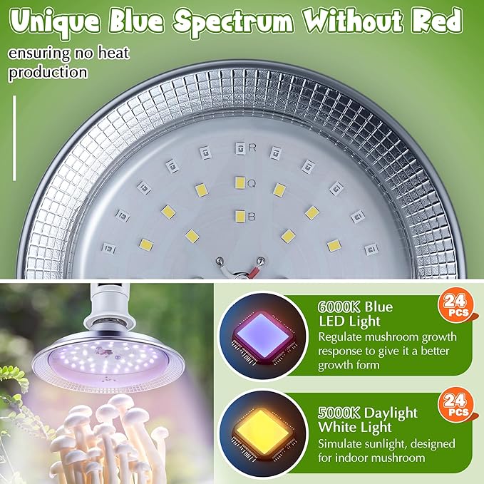 Meonum Mushroom Grow Light with 3/6/9 Hour Timer, 360° LED Hanging Grow Lights Bulb for Mushroom