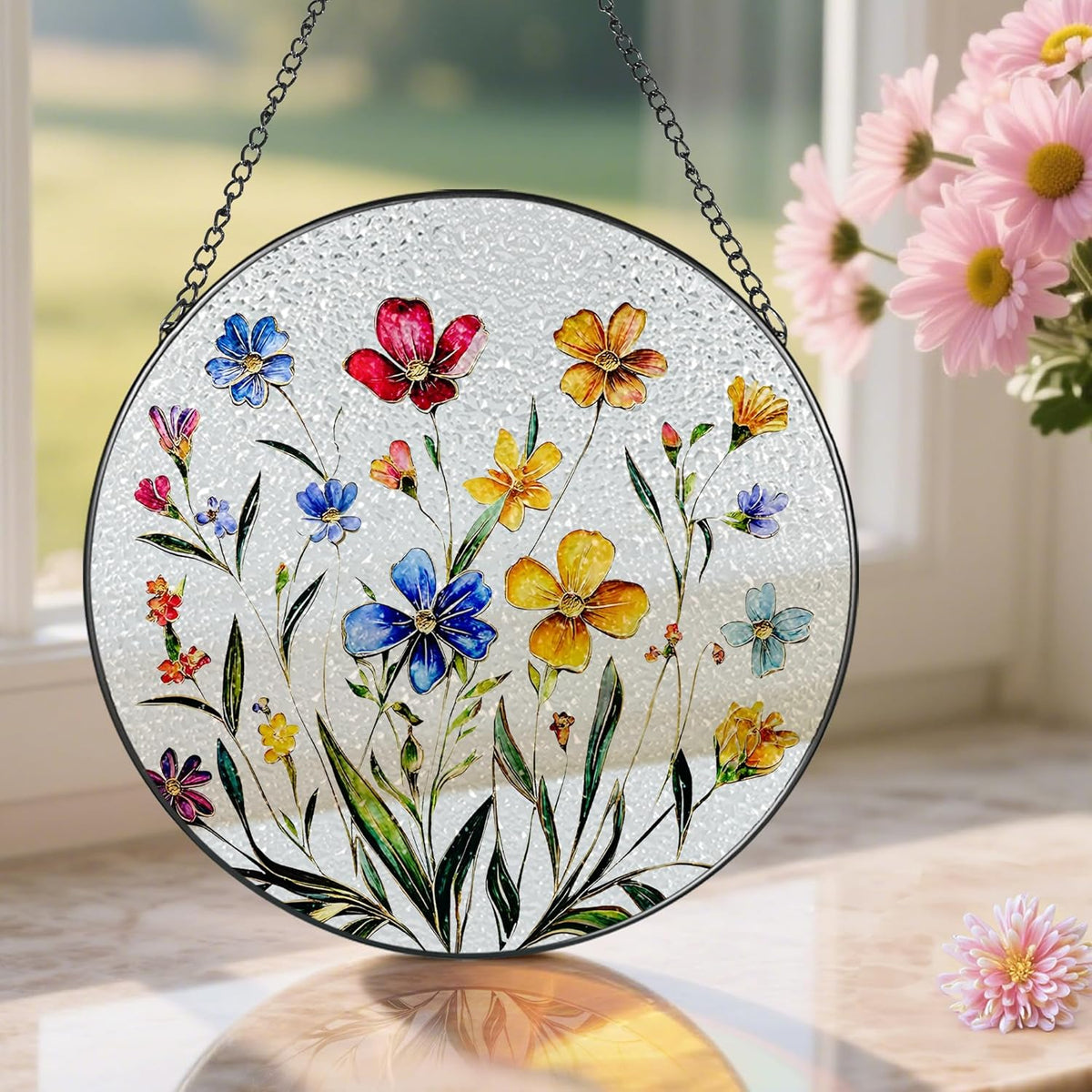 Wildflower Stained Glass Suncatcher, Stained Glass Window Hanging, 8 Inch Wildflower Window Decor