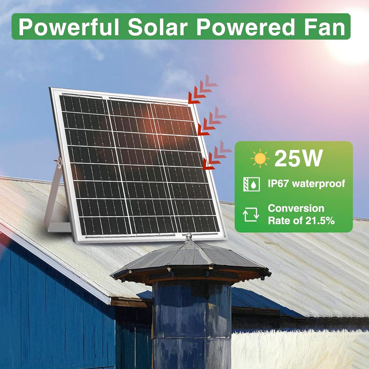 Solar Exhaust Fan, 25W Solar Panel + 8" Ventilation Vent Fan, with Power Adapter, Anti-backflow