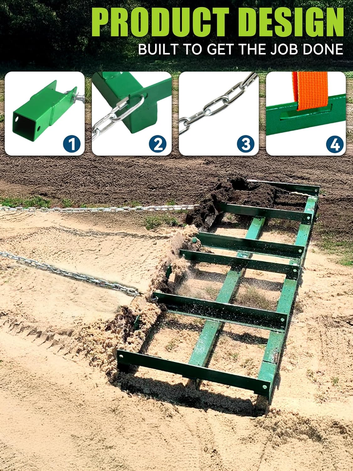 4ft Heavy Duty Drag Harrow for ATV, UTV, Tractor - Adjustable Tow Behind Leveling Rake with Weight