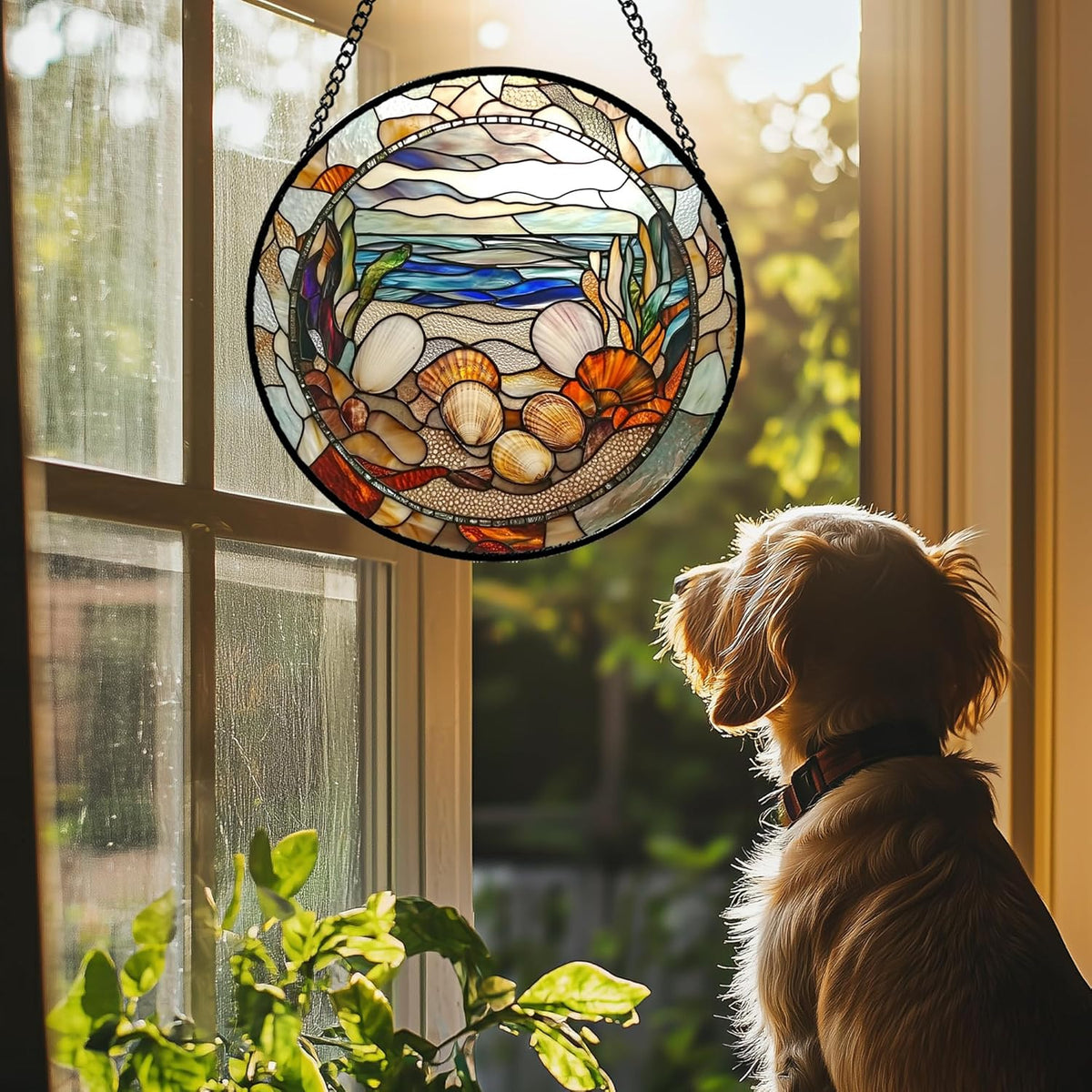 Stained Glass Window Hanging Conch Shells Ocean Seaweed Large 11.8" - Suncatcher Door Garden