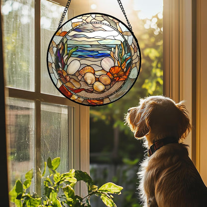 Stained Glass Window Hanging Conch Shells Ocean Seaweed Large 11.8" - Suncatcher Door Garden
