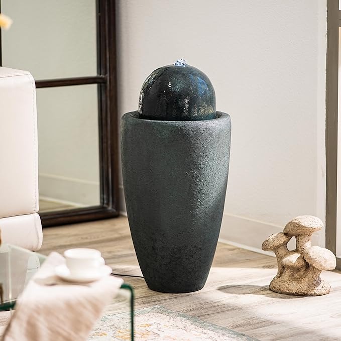 XBrand 25.98" H Round Stone Indoor/Outdoor Modern Stone Textured Sphere Water Fountain w/LED