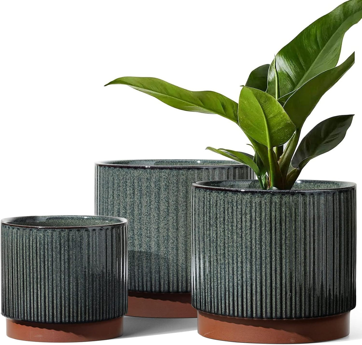 LE TAUCI Ceramic Plant Pots with Drainage Holes, Set of 3, 8+6.7+5.5 Inch Stripe Garden Planter