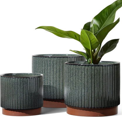 LE TAUCI Ceramic Plant Pots with Drainage Holes, Set of 3, 8+6.7+5.5 Inch Stripe Garden Planter