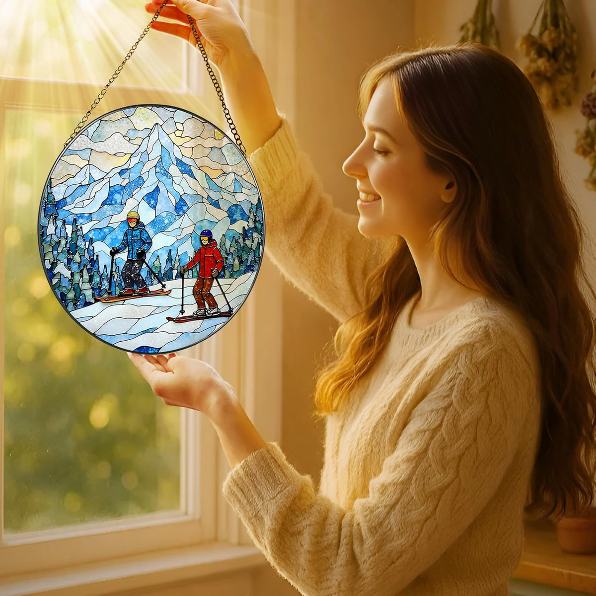 8'' Snowy Mountain Skiers Sun Catcher Ornament, Stained Glass Window Hanging, Sun Catchers for