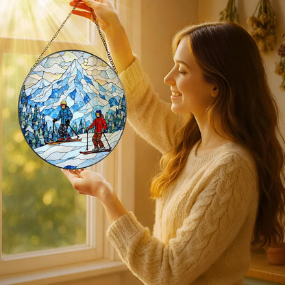 8'' Snowy Mountain Skiers Sun Catcher Ornament, Stained Glass Window Hanging, Sun Catchers for