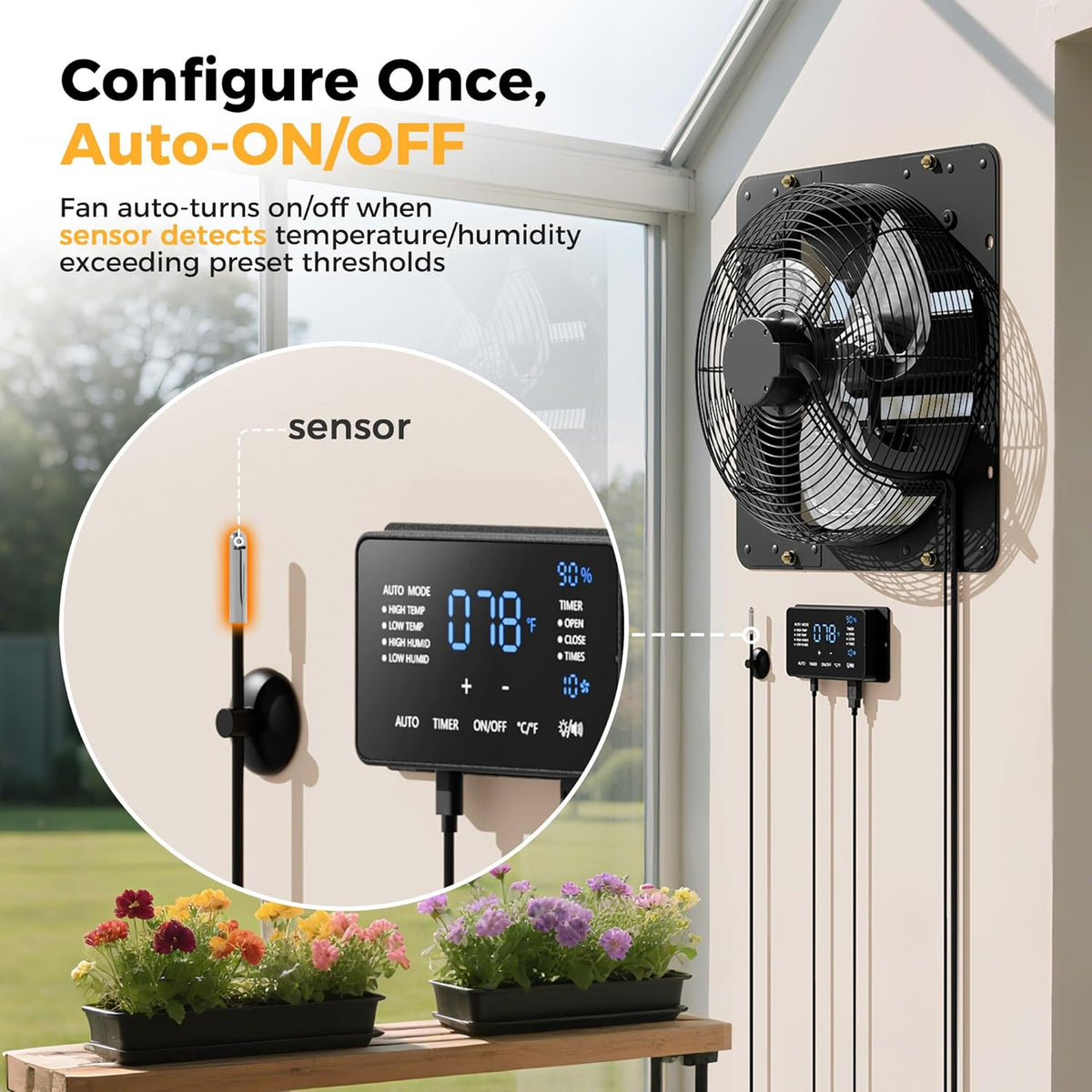 14 Inch EC Motor Shutter Exhaust Fan, 6 Inch Large Touchscreen Controller for Temp Humidity and