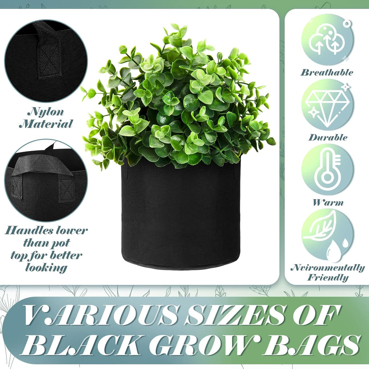 Hoolerry 7 Pack Black Plant Grow Bags Thickened Non Woven Grow Bags in 4 Sizes 10, 7, 5 and 3