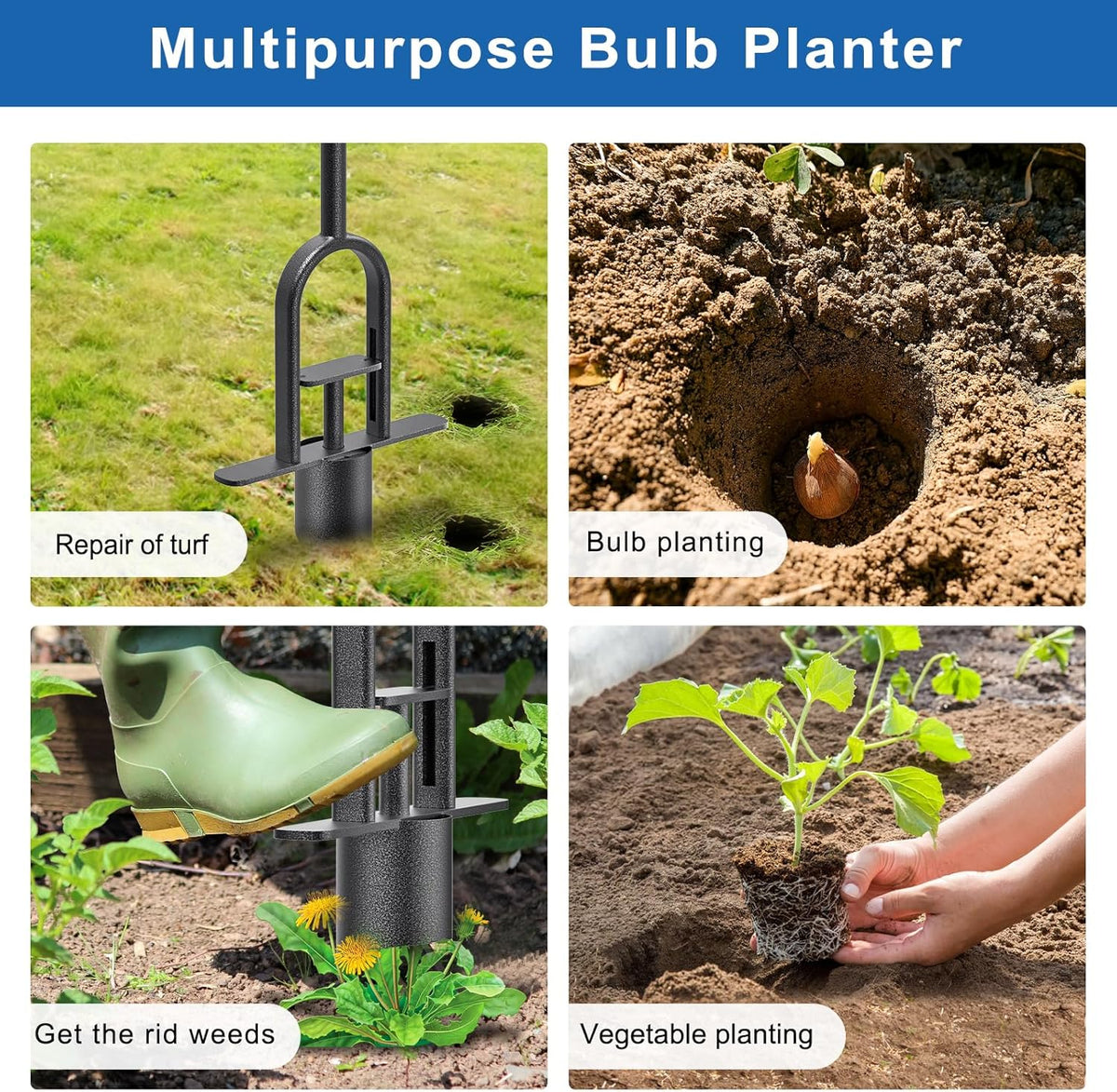 Garden Grass Plugger Tool with Long Handle Sod Turf Plugger Steel Bulb Planter with Soft Rubber