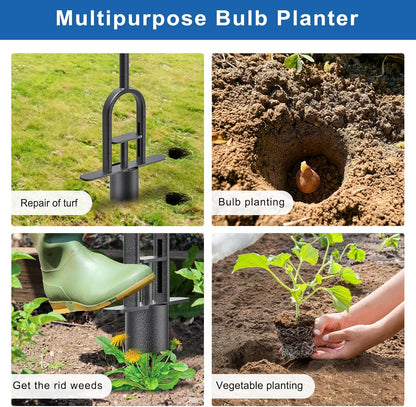 Garden Grass Plugger Tool with Long Handle Sod Turf Plugger Steel Bulb Planter with Soft Rubber