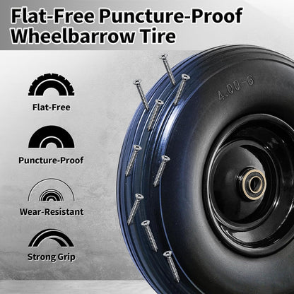 Wheelbarrow Wheel 13 Inch Flat Free 4.00-6 Solid Tire, Replacement Heavy Duty, with 5/8" and 3/4"