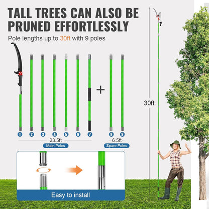 30 Ft Manual Pole Saw, Extendable Tree Pruner Blade and Scissors Set with 9 Fiberglass Handles