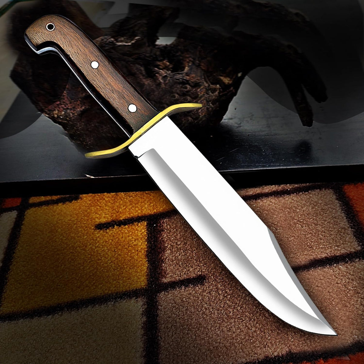 Large Bowie Knife with Leather Sheath Fixed Blade Hunting Knife D2 Steel with Leather for Outdoor