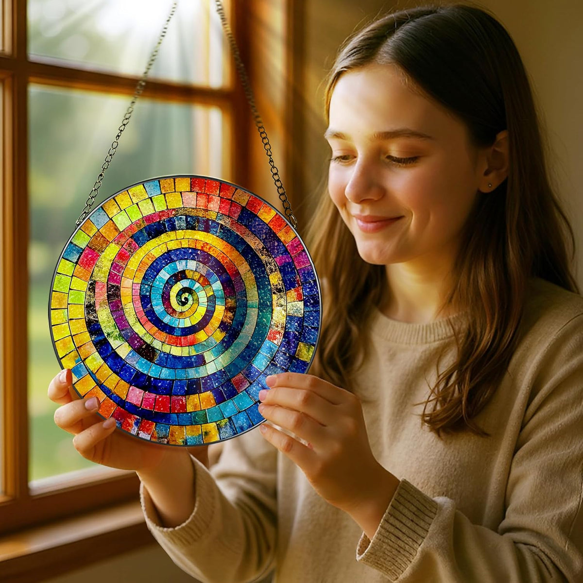 Stained Glass Window Hanging, Pauyadu 8 Inch Rainbow Spiral Stained Glass Suncatcher, Suncatchers