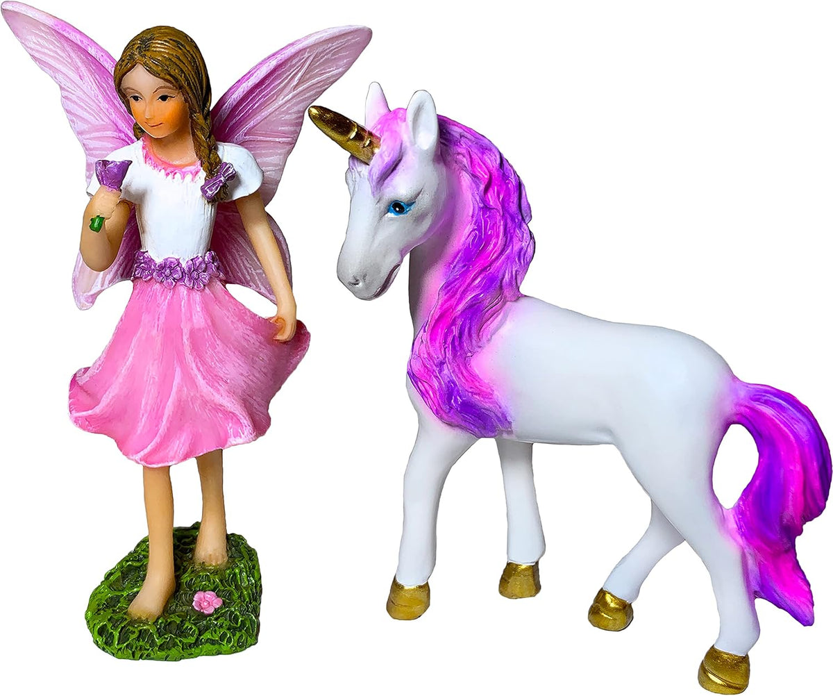 Mood Lab Fairy Garden - Fairy with Unicorn Set of 2 pcs - Miniature Figurines Statue Kit - Outdoor