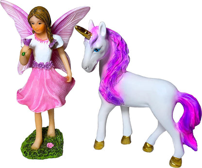 Mood Lab Fairy Garden - Fairy with Unicorn Set of 2 pcs - Miniature Figurines Statue Kit - Outdoor
