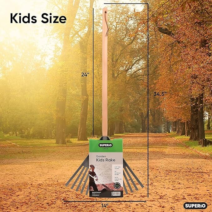 Orange Kids Size Rake, Kids Rake for Lawn with Hardwood Handle, Durable Plastic Head to Sweep