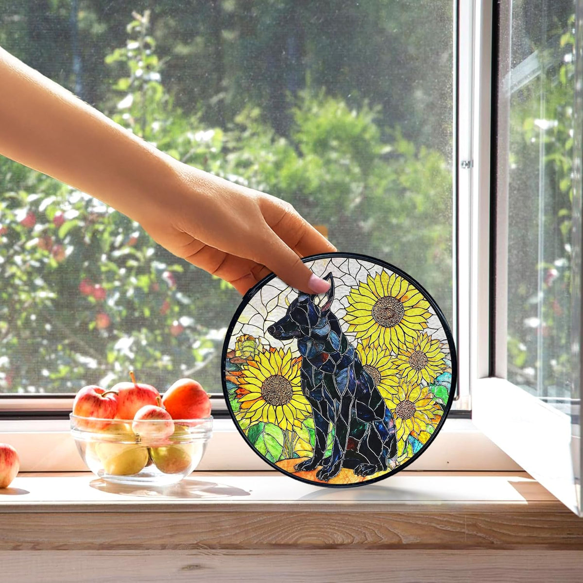 kdqua German Shepherd Sunflower Suncatcher Stained Glass Window Hanging, German Shepherd Gifts Sun