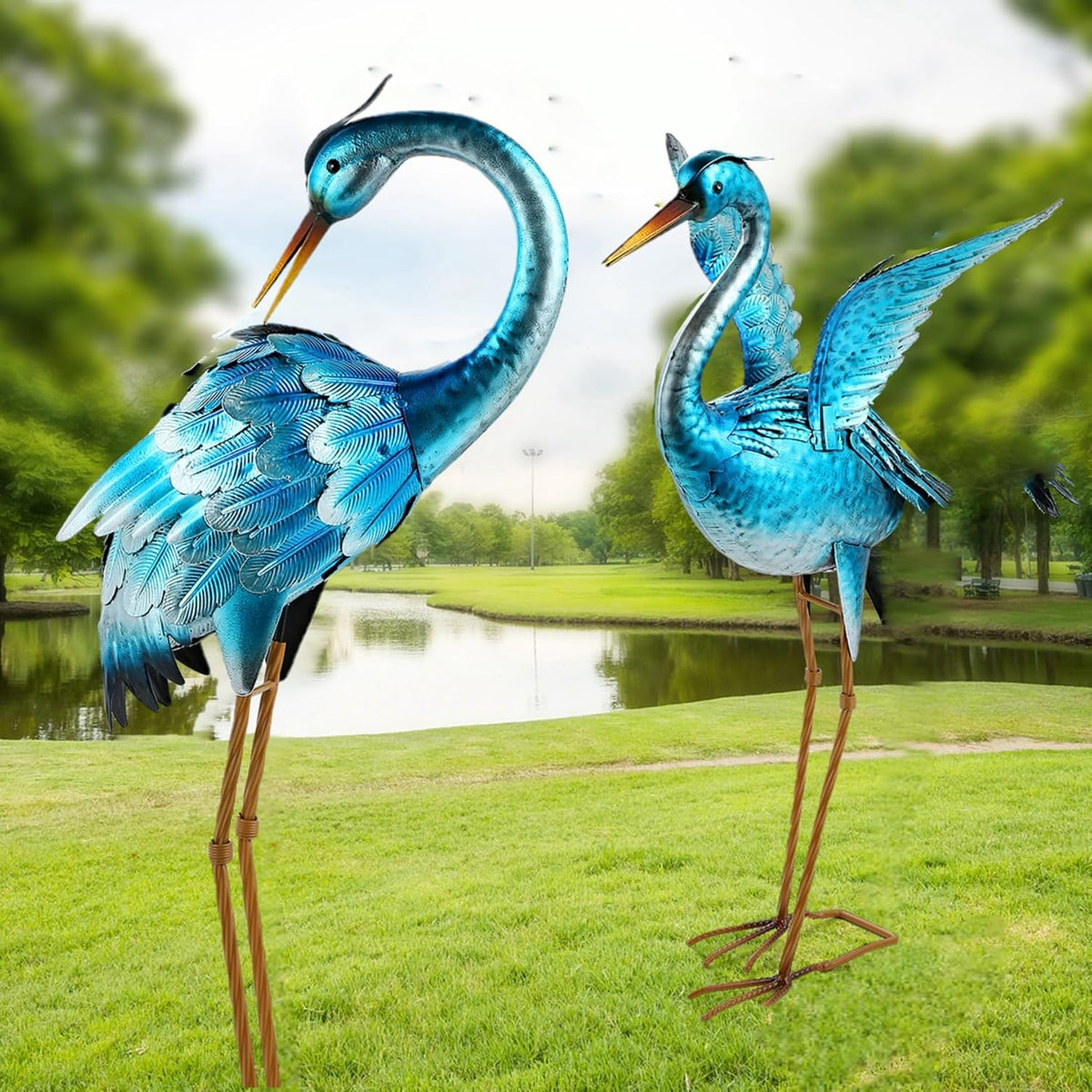 Garden Crane Statues for Outdoor Blue Heron Metal Birds Yard Art Ornaments for Backyard Pond Patio