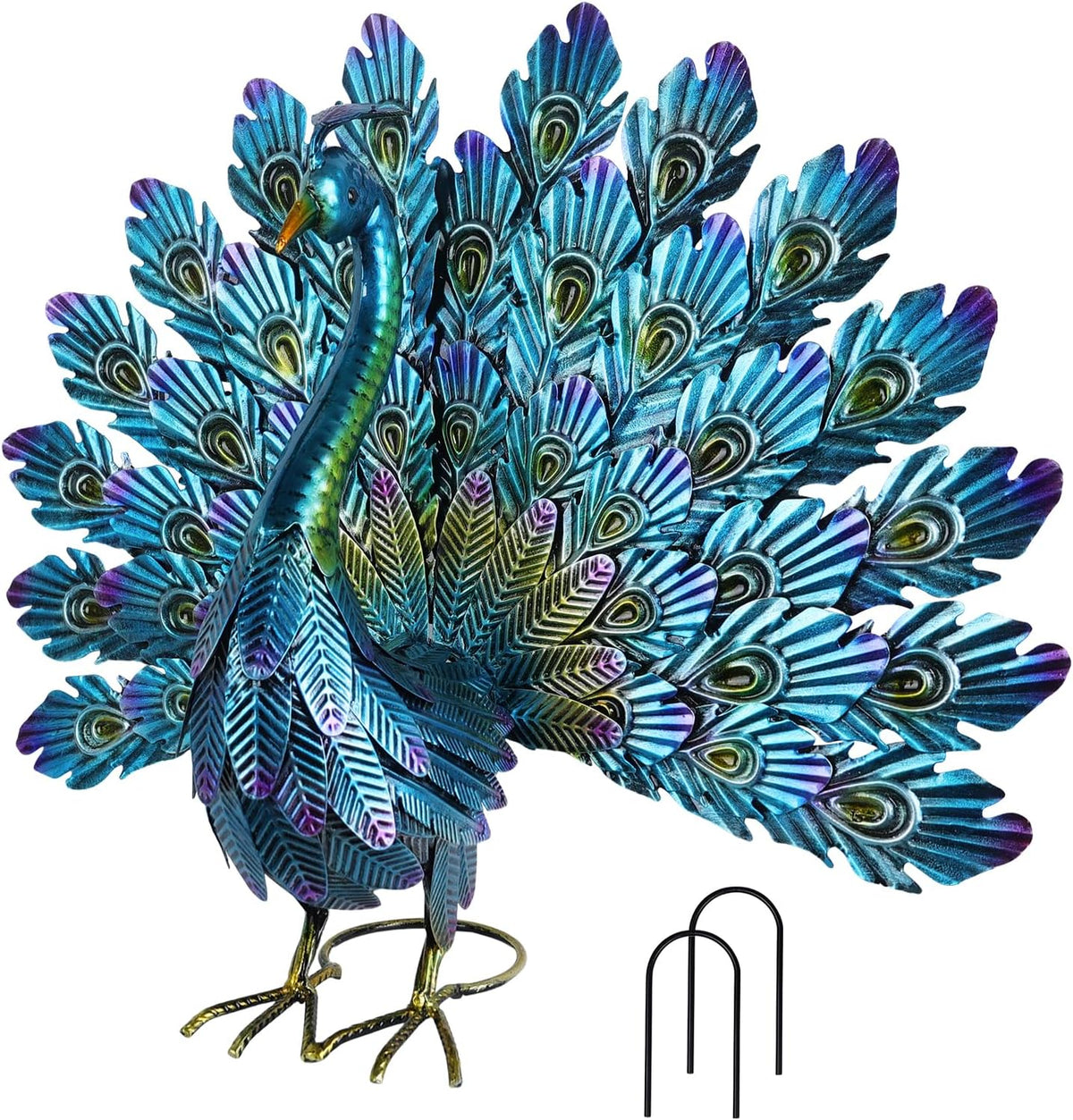 YEAHOME Garden Decor Outdoor Statues, 22.4" Large Metal Peacock Standing Yard Art, Blue Green Bird