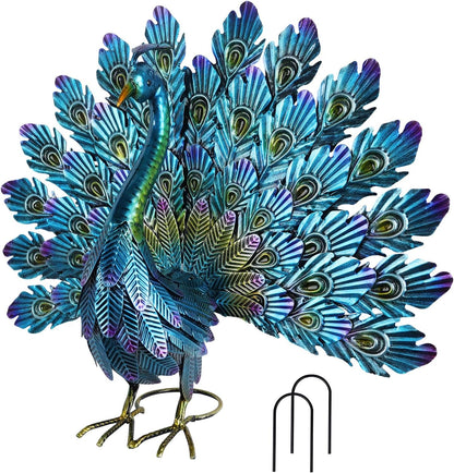YEAHOME Garden Decor Outdoor Statues, 22.4" Large Metal Peacock Standing Yard Art, Blue Green Bird