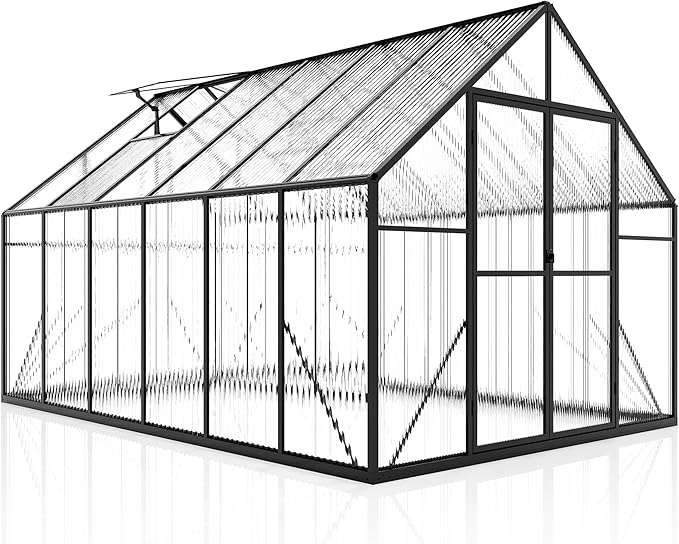 Jocisland 8x11.5x7 FT Polycarbonate Greenhouses for Outdoors, 2 Top-Opening Windows, 2 Swing Doors