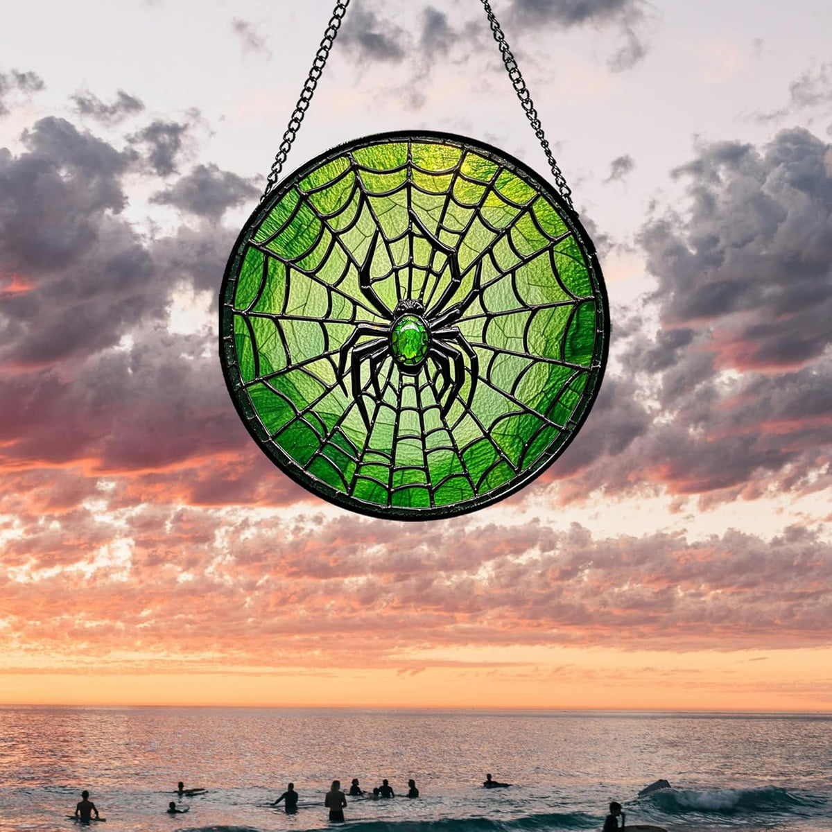 Stained Glass Window Hanging - Black Green Horror Spider Web Suncatcher for Doors Garden Patio Sun