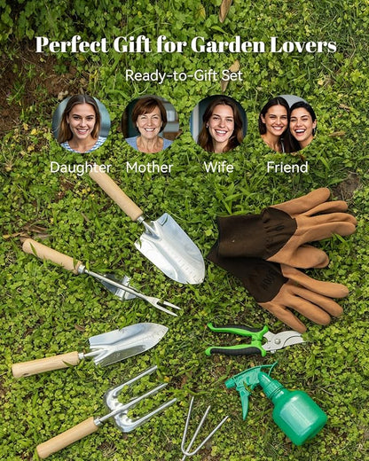VerdantVibes 9-Piece Garden Tool Set - Heavy Duty Gardening Hand Tools with Ergonomic Non-Slip