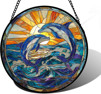 Stained Glass Window Hanging, Blue Dolphin Sun Catchers Colorful Glass Panel Sunrise Sea View