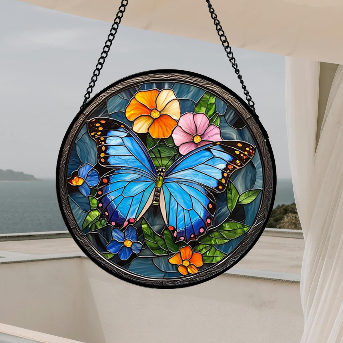 Stained Glass Window Hanging, Blue Butterfly Flower Suncatcher for Doors Home Sun Catchers