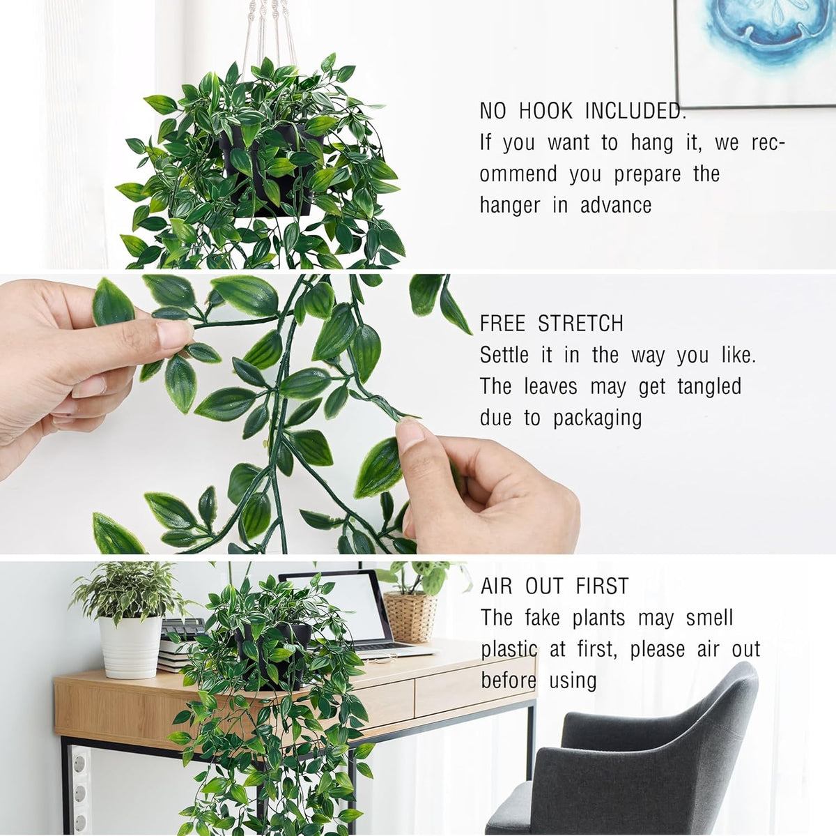 Waipfaru 2Pcs Fake Hanging Plants with Pot Deep Green Eucalyptus Leaves UV Resistant Fake Vines Ivy