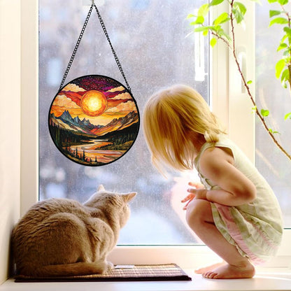 Stained Glass Window Hanging, Dusk Sunset Landscape Sun Catchers Glass Panel Lakes and Mountains