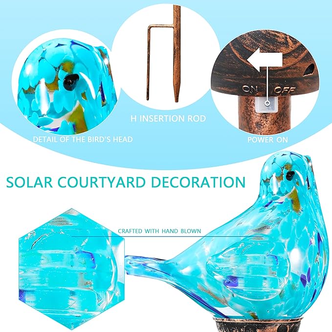 Solar Bird Garden Stake Lights - Hand Blown Glass Decorative Garden Pathway Lights Outdoor