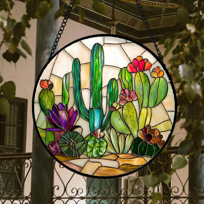Stained Glass Window Hanging, White Green Cactus Suncatcher Diamond Glass Panel Hangings Sun