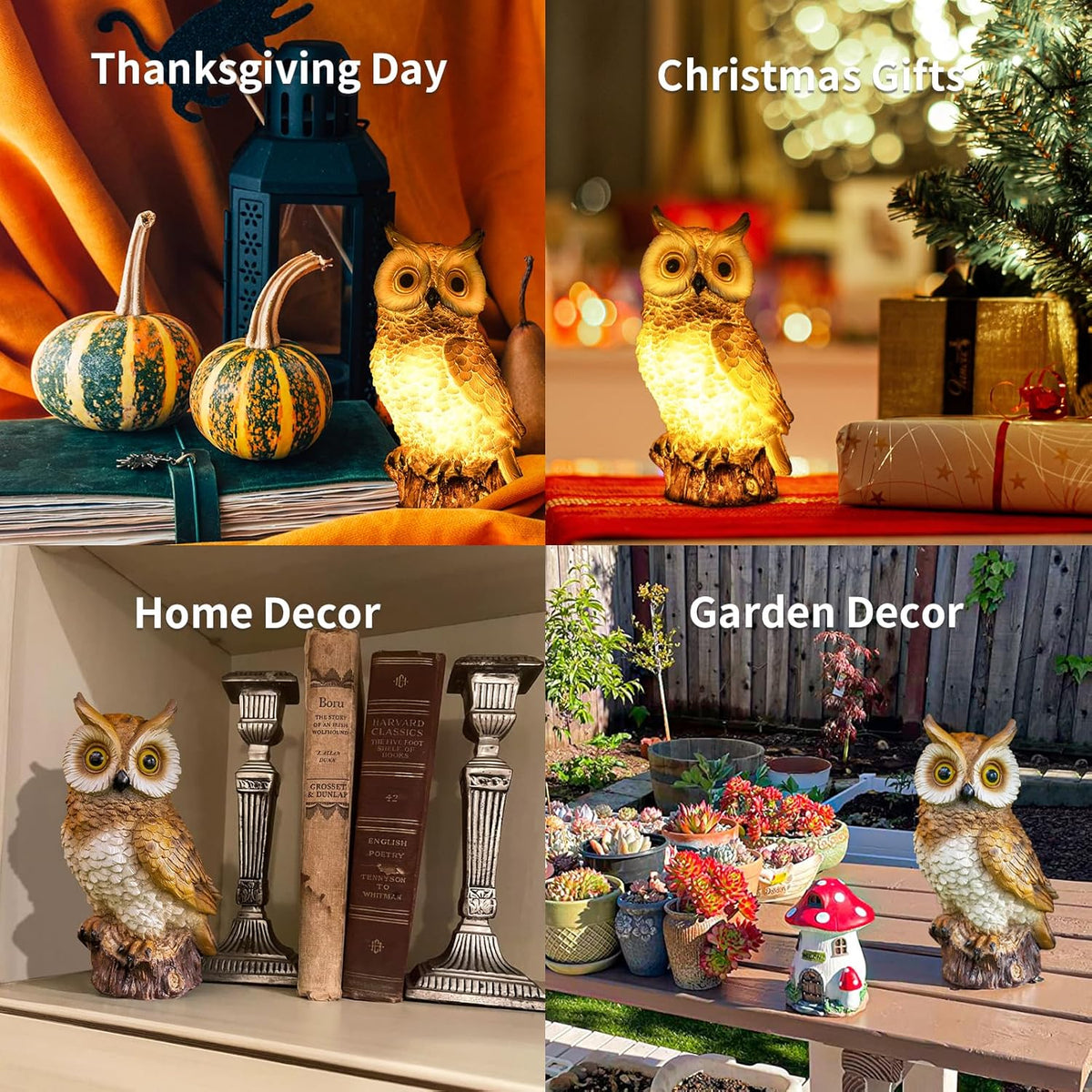 Solar Owl Garden Statues Outdoor Decor Resin Owl Figurine with LED Lights Owl Sculpture for Porch