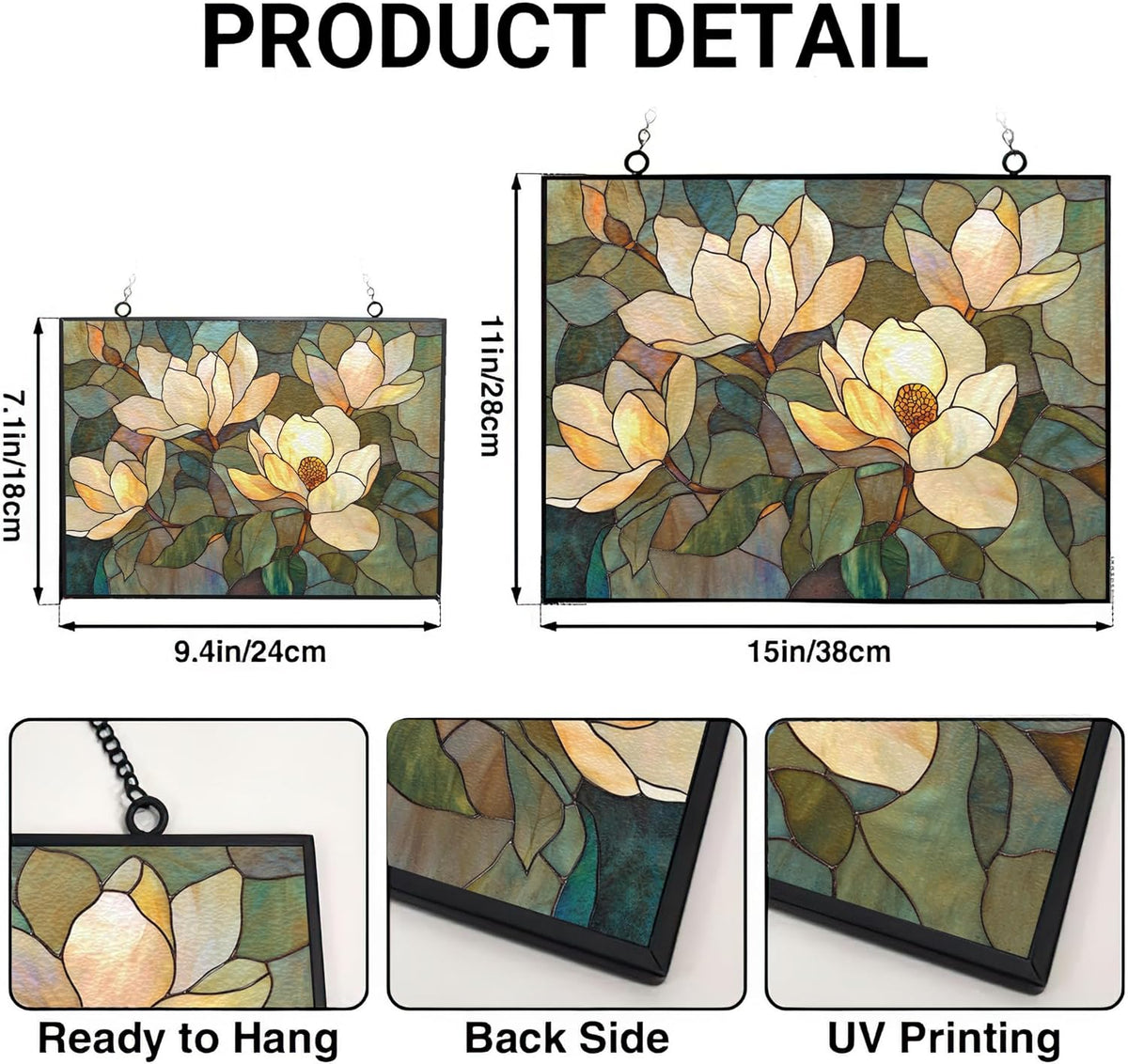 Rectangle Art Nouveau Twilight Magnolia Stained Glass Window Hanging, 15" W X 11" H Stained Glass