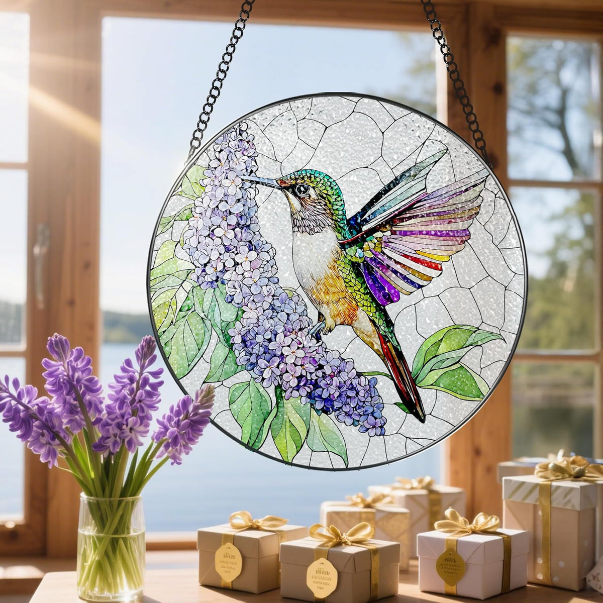 Stained Glass Window Hanging, 8 Inch Hummingbird Sun Catchers, Stained Glass Suncatcher, Window