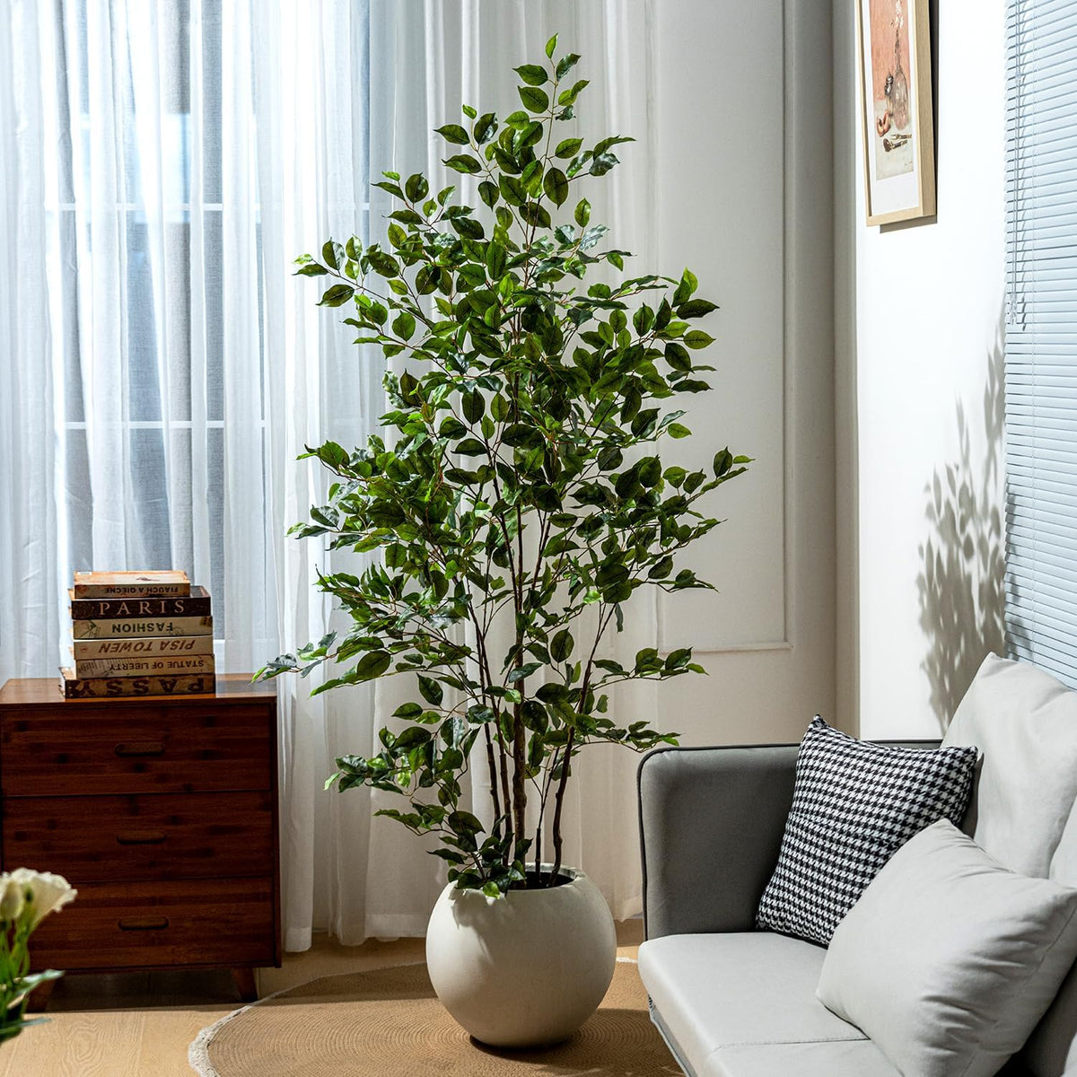 Artificial Ficus Tree Indoor 6ft, Large Potted Faux Tree with Realistic Silk Leaves & Trunk for