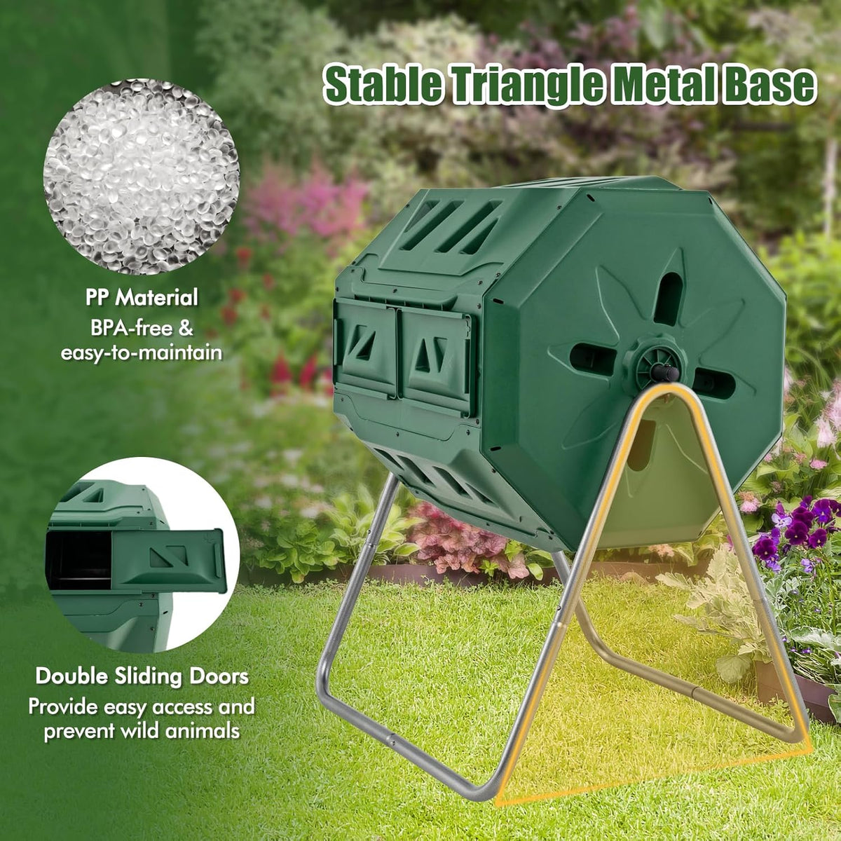 Goplus Compost Tumbler, 43 Gallon Rotating Compost Bin Barrel, Dual Chamber Tumbling Composter with