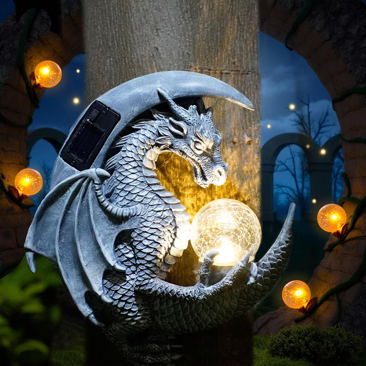 Dragon Tree Hugger Solar Magic Orb Garden Statue Dragon Solar LED Lights Decor Sun Moom for Your