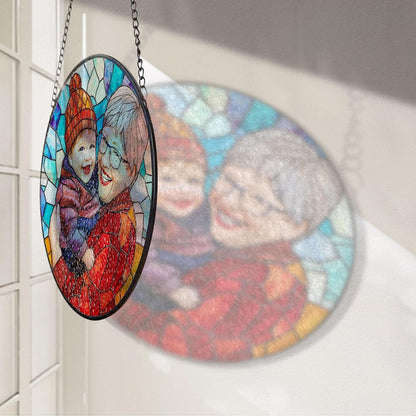 LOVELYPOD Custom Grandma and Grandkids Faux Stained Glass Sun Catcher, Personalized Family Portrait