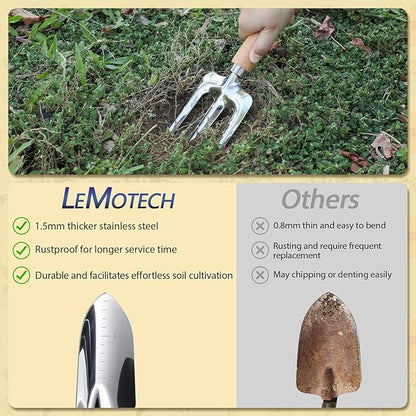 LeMotech Gardening Tools, 10-Piece Heavy Duty Garden Hand Tools Set with Wooden Handle, Durable