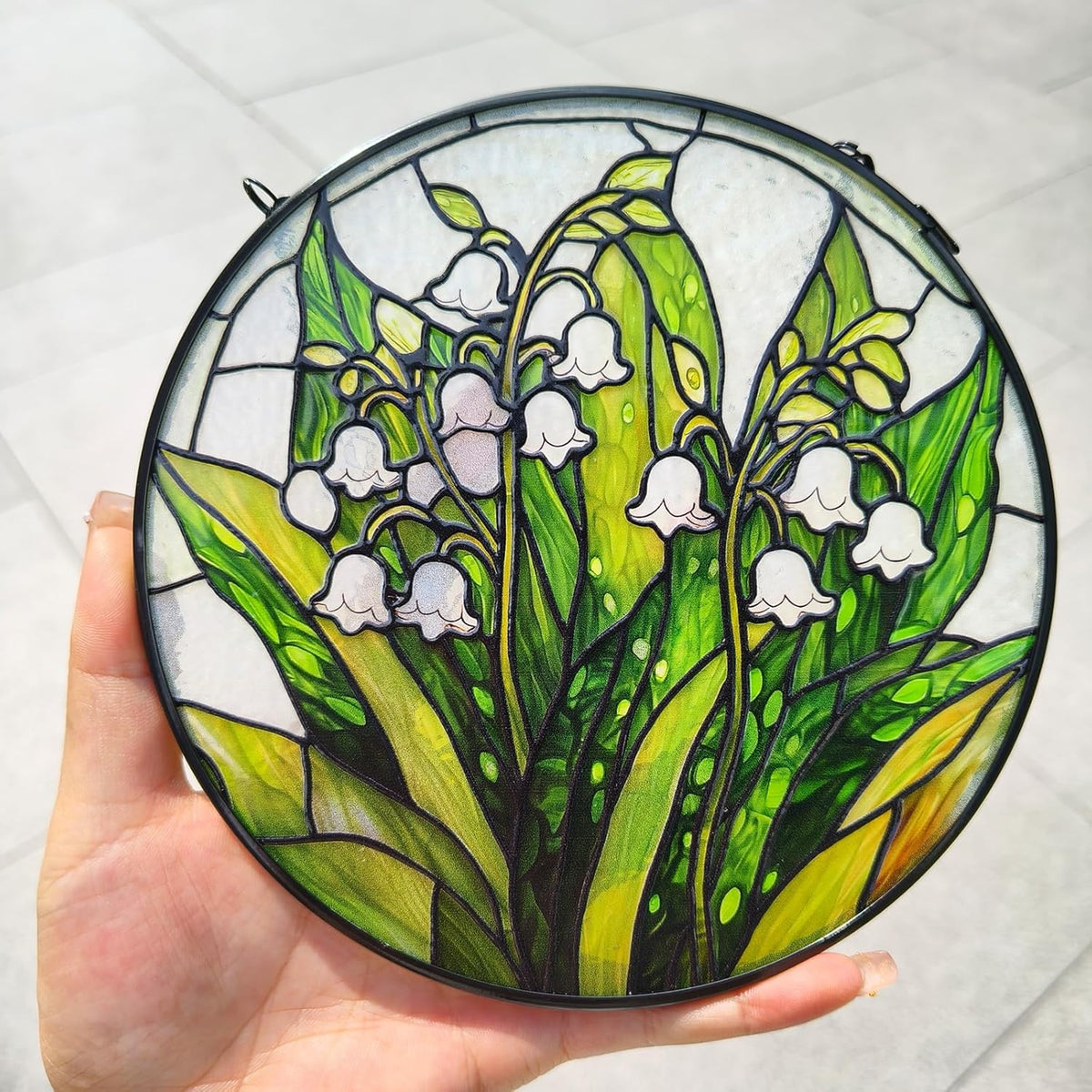 Stained Glass Window Hanging, Lily of The Valley Flower Diamond Glass Panel Suncatcher Green Plant