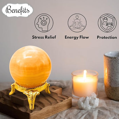 Amazing Gemstone Yellow Calcite Banded Crystal Ball with Stand - 2 Inches Crystal Sphere Meditation