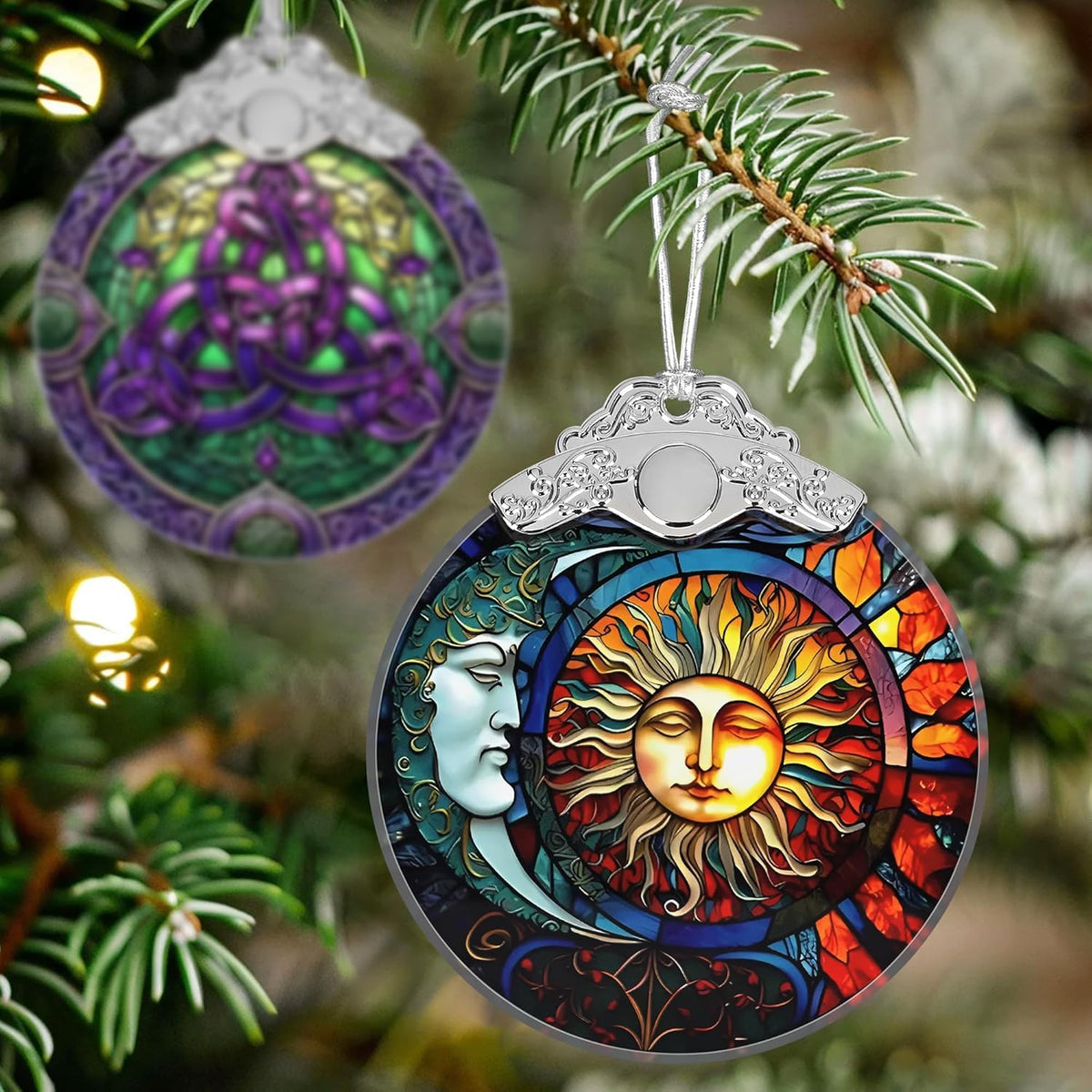 Stained Glass Sun and Moon Ornament - Christmas Ornaments - Christmas Tree Decorations - Holiday