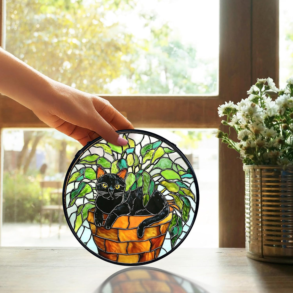 TNUW Black Cat Plant Stained Glass Window Hanging, Black Cat Botanical Sun Catchers Indoor Window