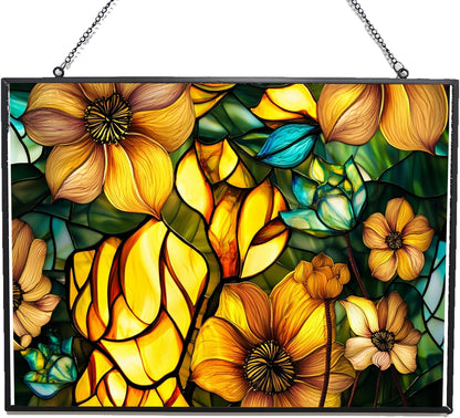 Rectangle Sun Lotus Stained Glass Suncatcher Window Hangings, Suncatchers Colorful Glass Panel Sun