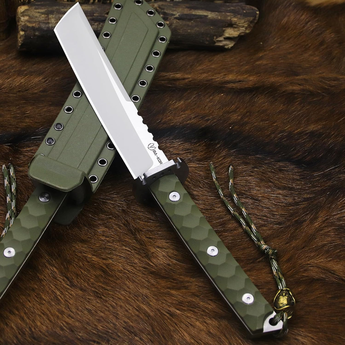 BA-KOR 15.8in Full Tang Japanese Style Outdoor Knife –8mm DC53 Steel, Nylon Fiber Handle &Sheath